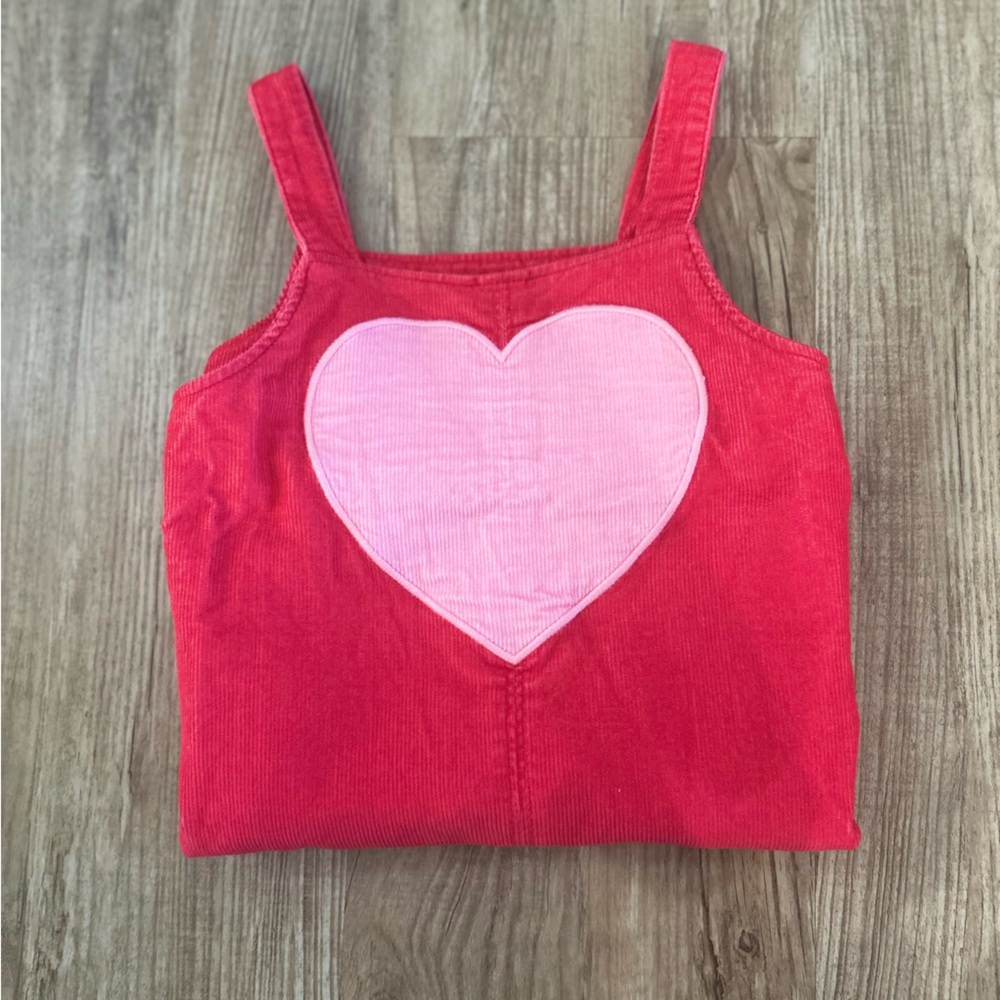 Toddler Girl Red Overalls Dress with Pink Heart